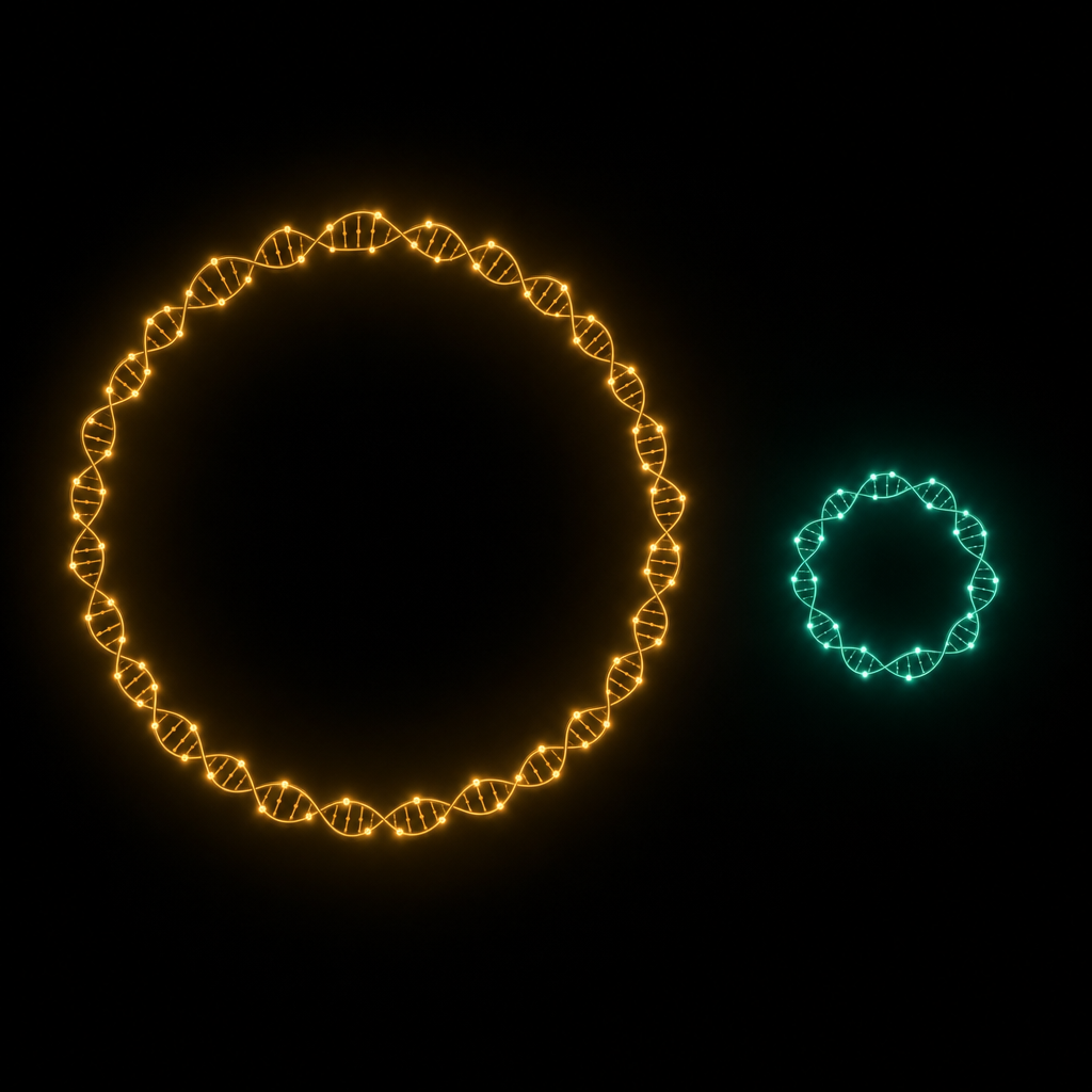 Two glowing circular genome rings side by side, one large and amber, one much smaller and teal