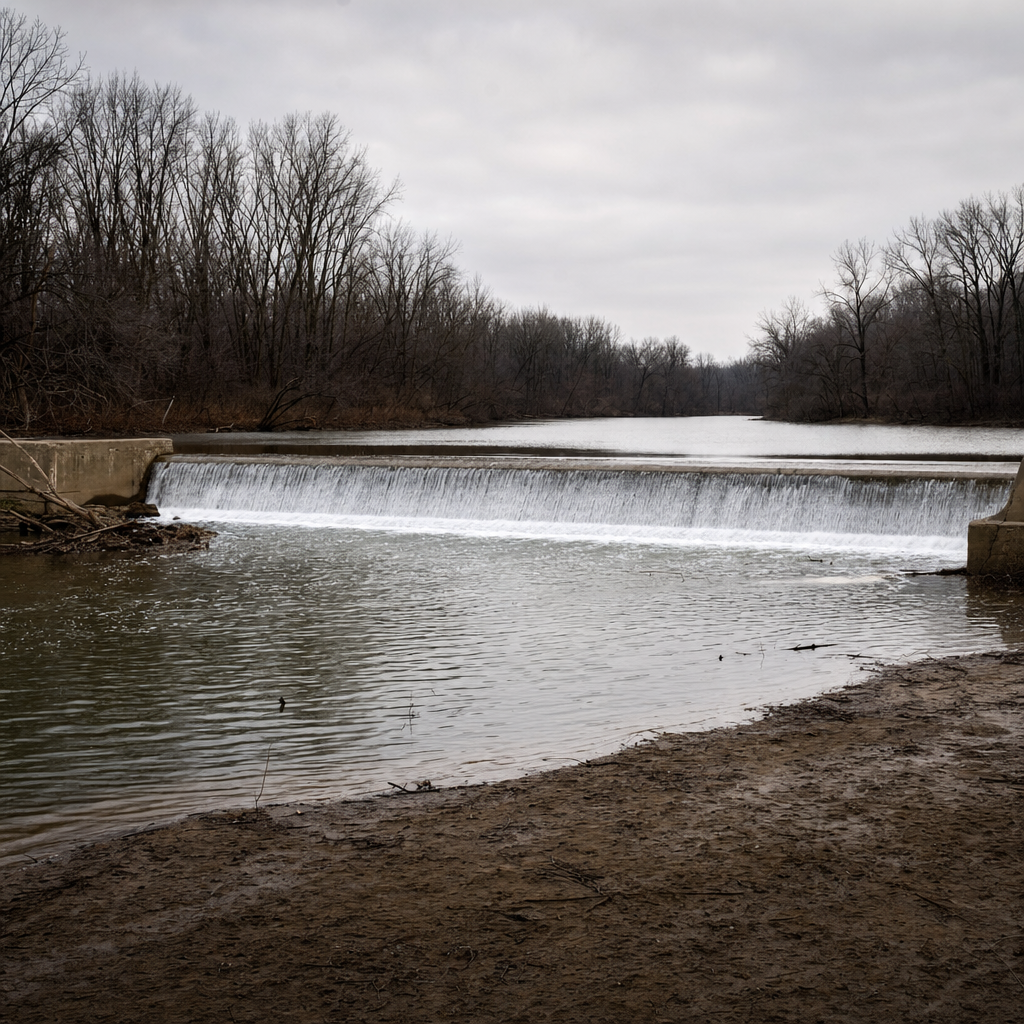 A small, roughly nine-foot-tall low-head concrete dam spanning a wide, slow-moving river under an overcast sky