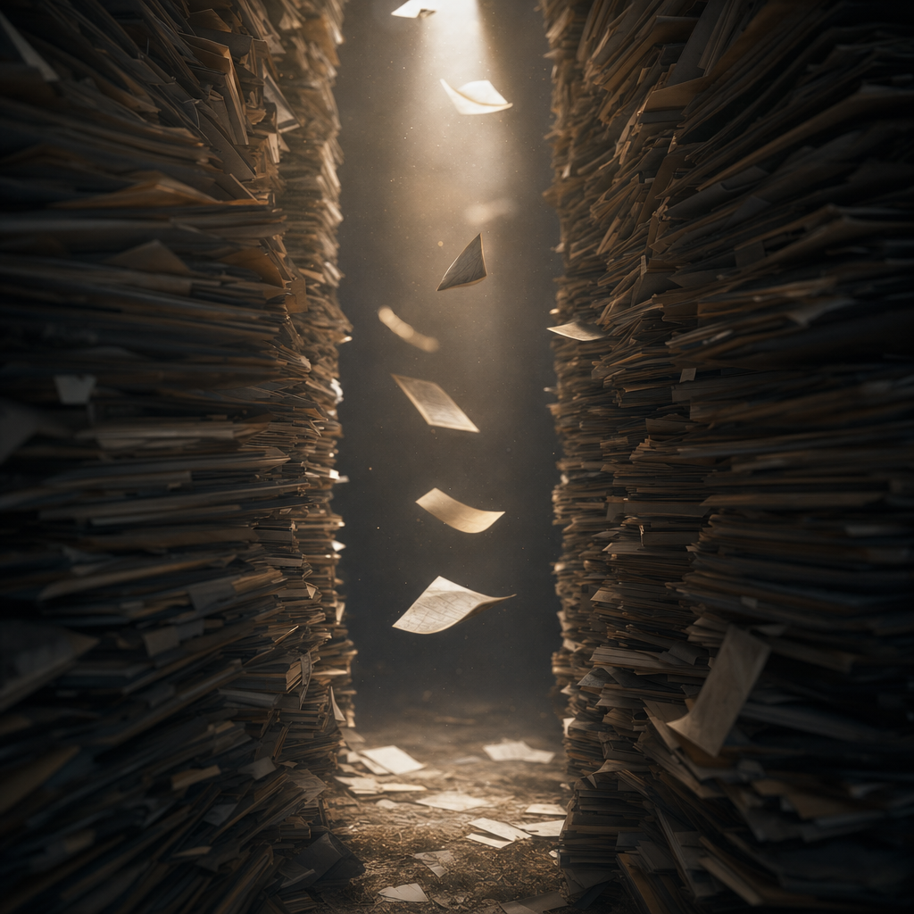Tall stacks of paper documents with a narrow beam of light running between them, loose pages drifting in the light as if passing through a sieve