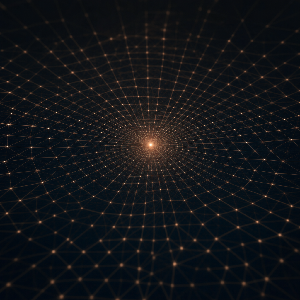 A single point of warm light radiating outward into an expanding network of fine glowing lines on a dark background