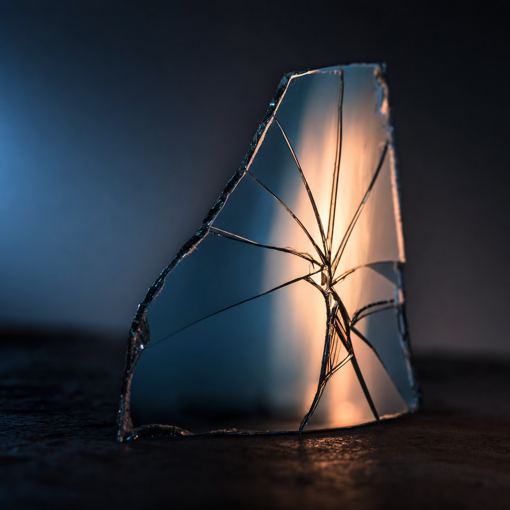 A cracked mirror shard reflecting warm amber light in one direction and cool blue light in the other, symbolizing a reversal, on a dark studio background