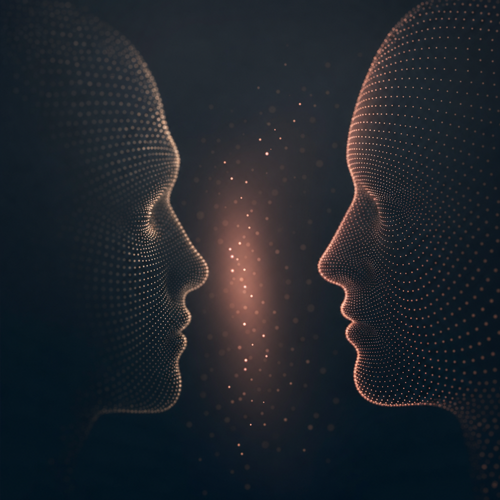 Two abstract profile silhouettes made of glowing dot-matrix points, facing each other across a warm amber glow, on a dark background