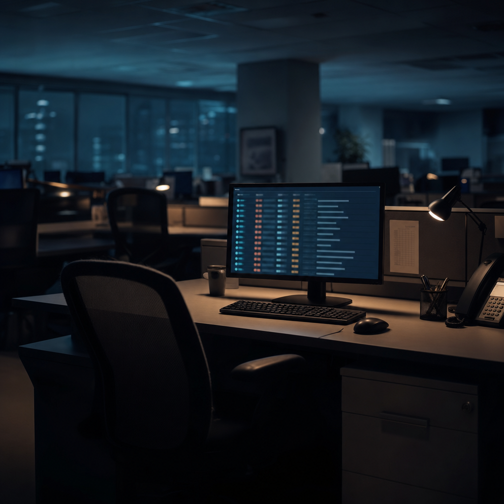 An empty, dimly lit help-desk workstation at night, a monitor glowing with an abstract, illegible queue of ticket numbers.