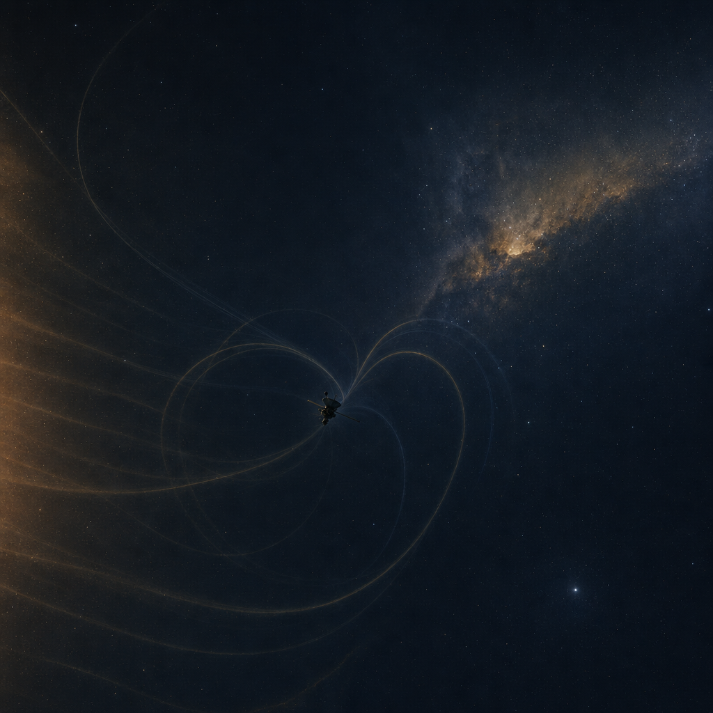 Illustration of a small spacecraft silhouette drifting through deep space with a faint, fading magnetic field line looping around it.