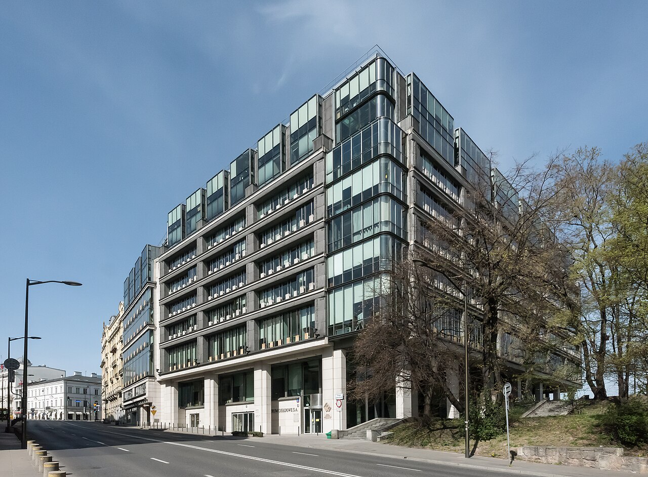 The Warsaw Stock Exchange headquarters building on ul. Książęca, Warsaw, photographed in daylight.
