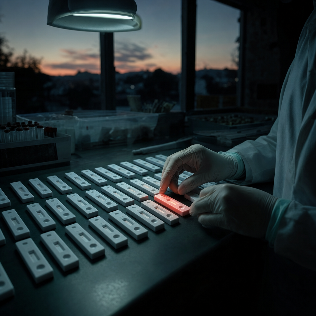 Illustration of a grid of malaria rapid diagnostic test cassettes on a laboratory bench, with one cassette glowing warmly among the rest.
