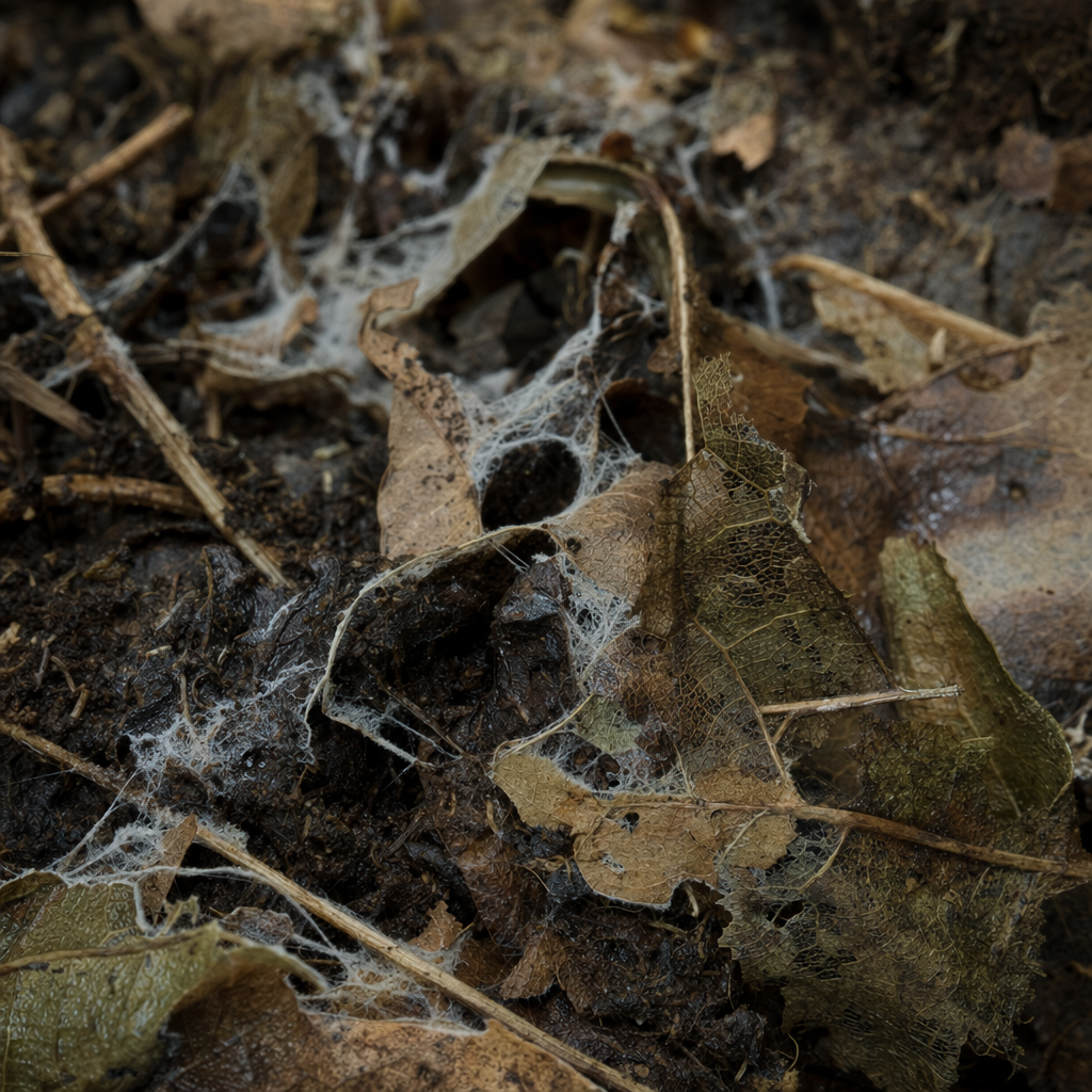 Illustrative generated macro image of leaf litter and stems decomposing into dark soil