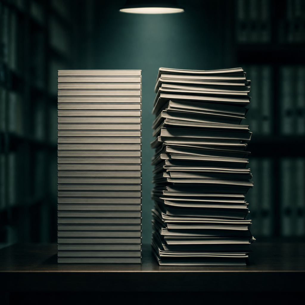 Two stacks of paper ledgers on a dark table under a single overhead light — the left stack perfectly aligned, the right stack subtly slipping out of sync